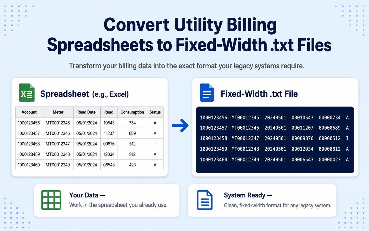 Spreadsheet to fixed-width .txt file mockup with sample data